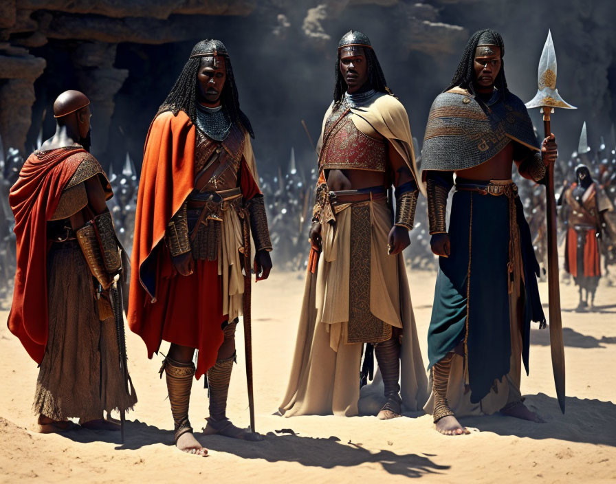 Four individuals in ancient warrior attire standing in desert setting
