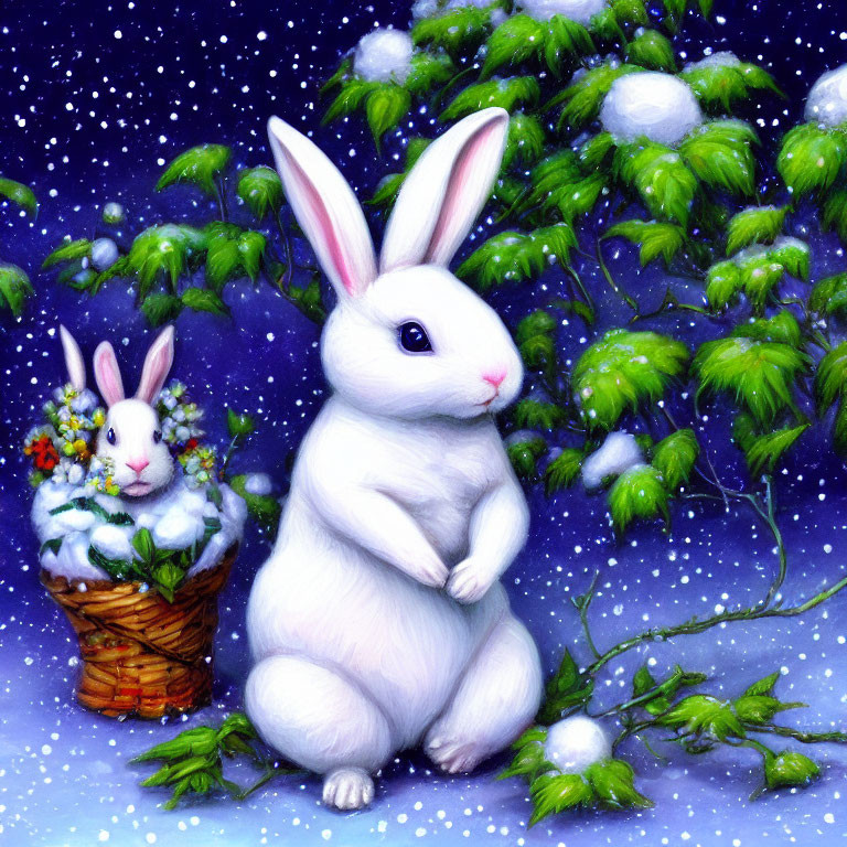 Fluffy white rabbits in snowy scene with green tree