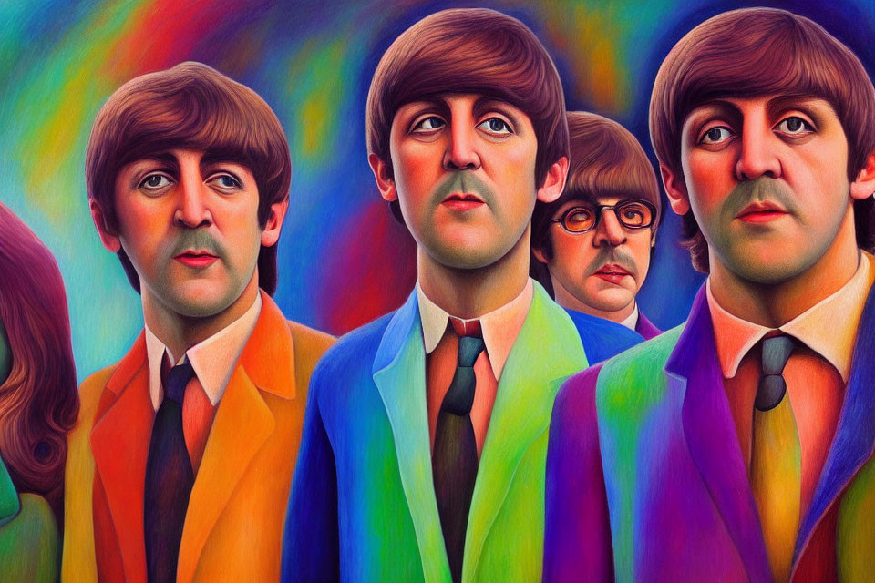 Vibrant psychedelic portrait of a famous band in 60s style
