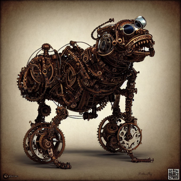 Steampunk mechanical bulldog with gears, pistons, cogs, goggles, and clockwork
