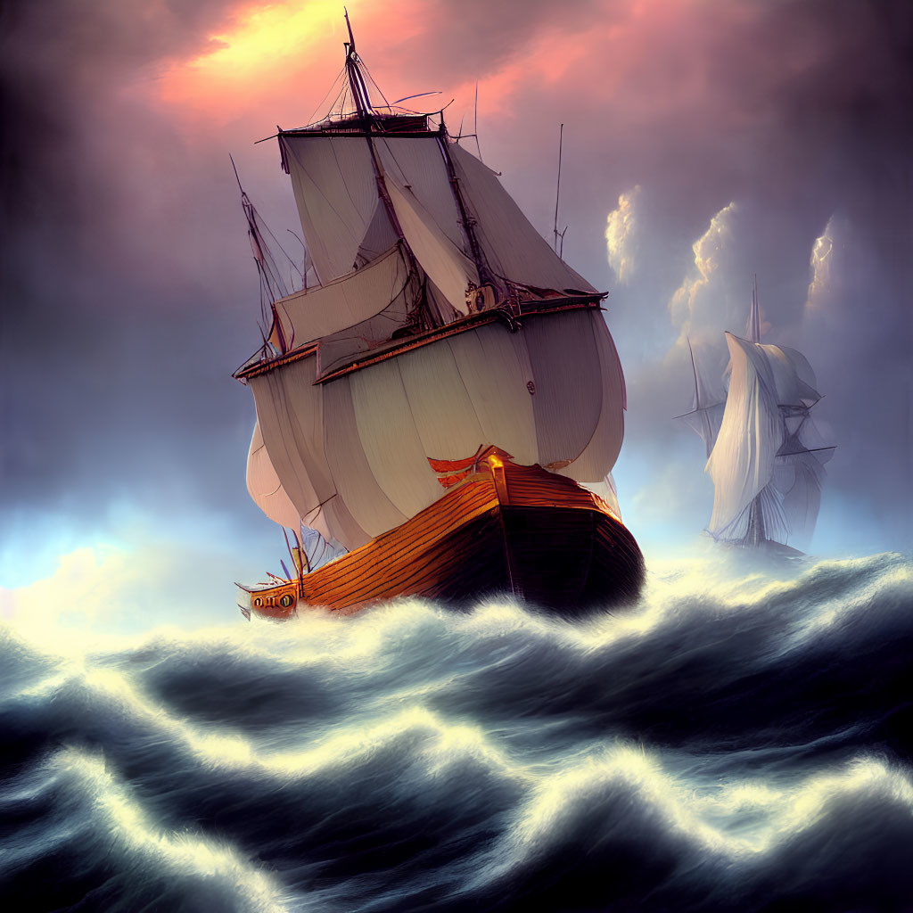 Majestic sailing ships in turbulent seas under dramatic sky