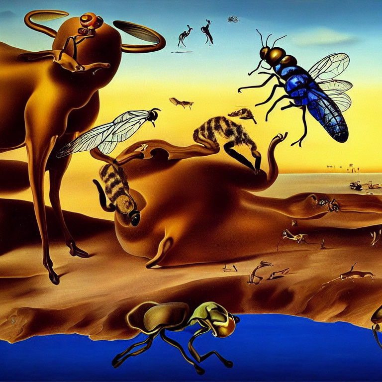 Surreal landscape: Giant insect camels on dunes, orange sky, flying insects, distant