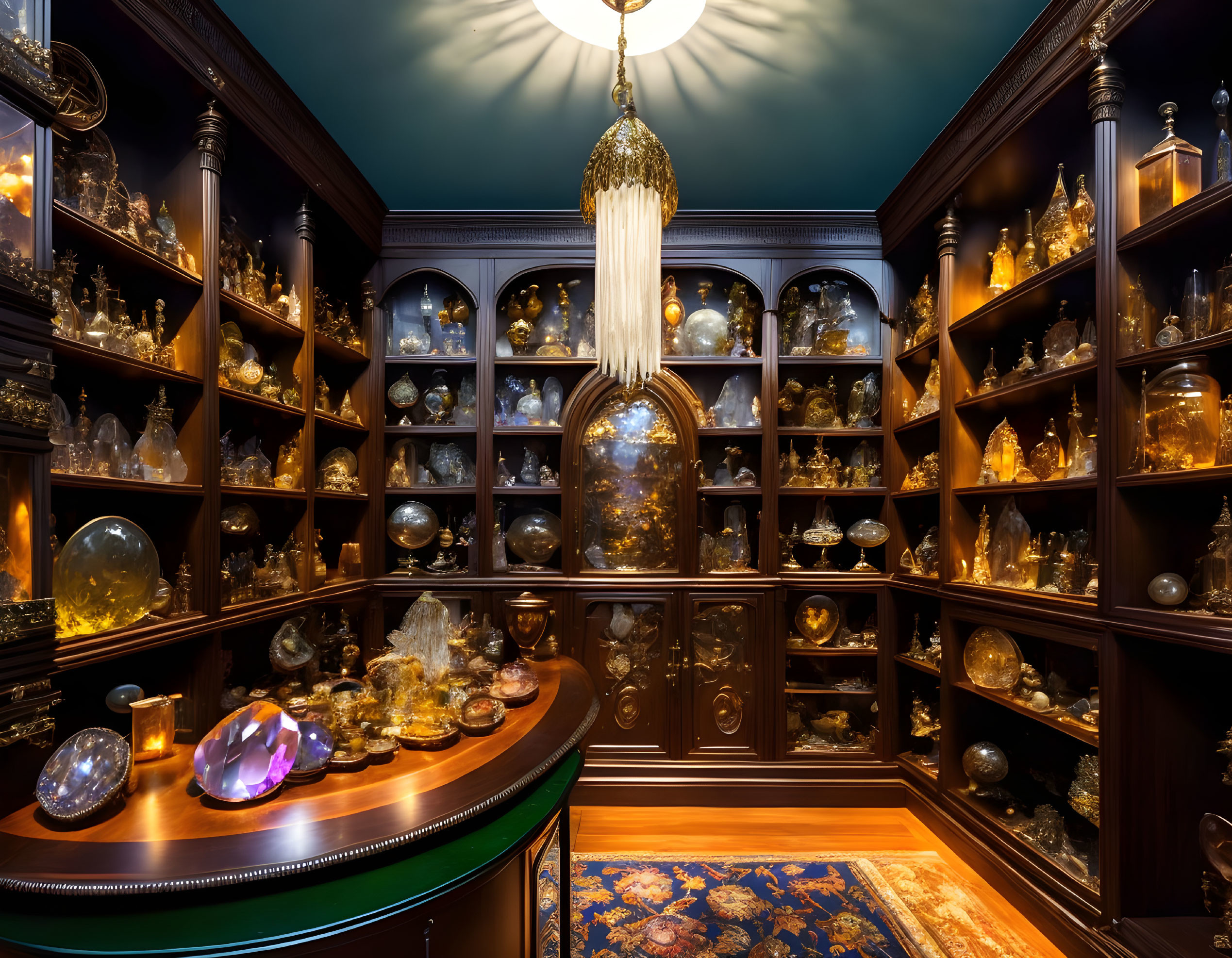 Luxurious Room with Wooden Shelves, Glassware, Artifacts, and Chandelier