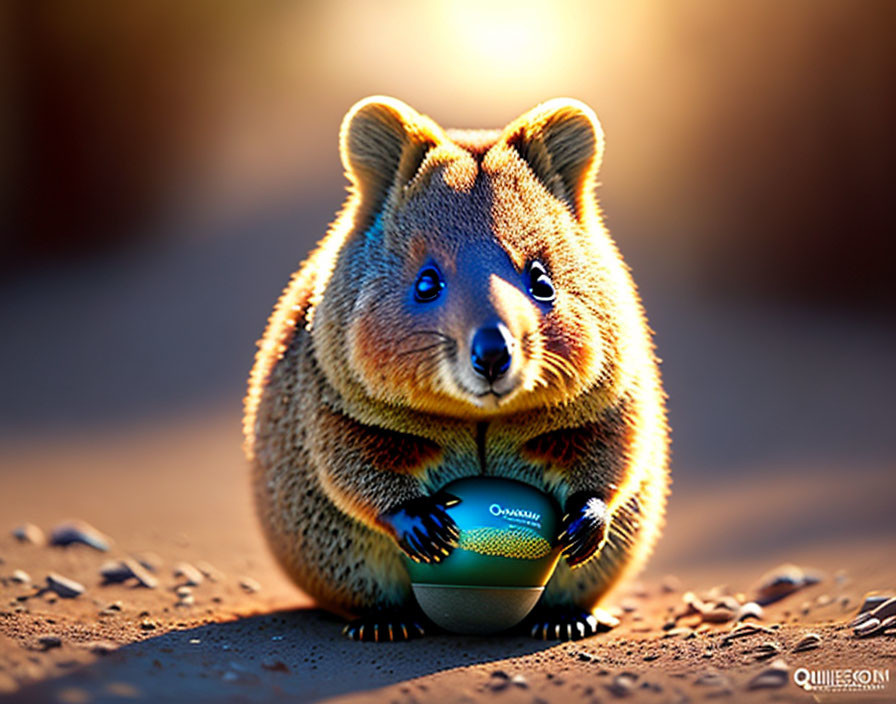 Smiling quokka holding rugby ball in paws
