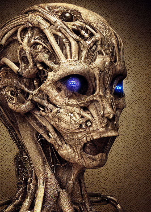 Detailed robotic head with glowing blue eyes and open-mouth expression on textured backdrop