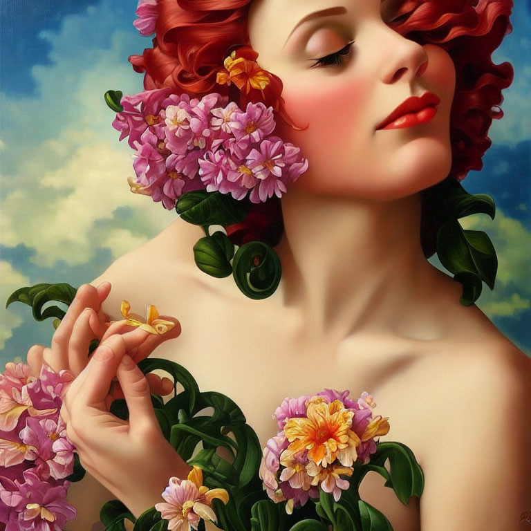 Portrait of Woman with Red Curly Hair and Floral Adornments