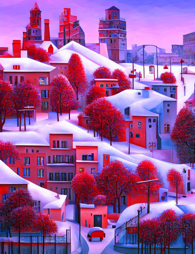 Surreal winter cityscape with snow-covered buildings and purple sky