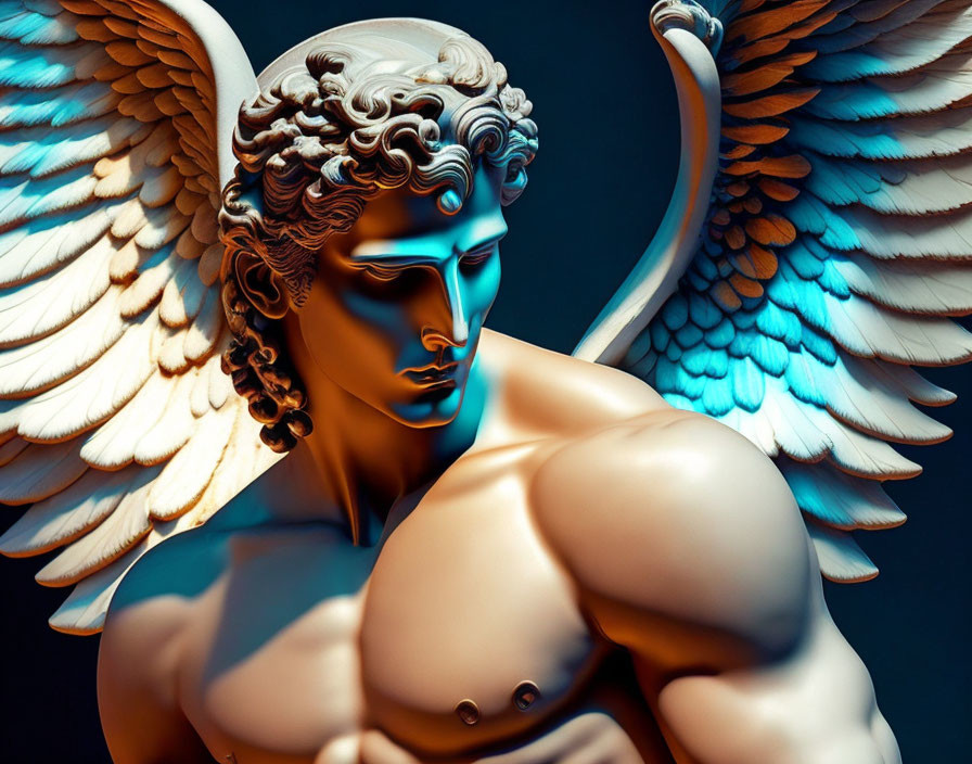 Detailed 3D rendering of male angel with wings and classical features