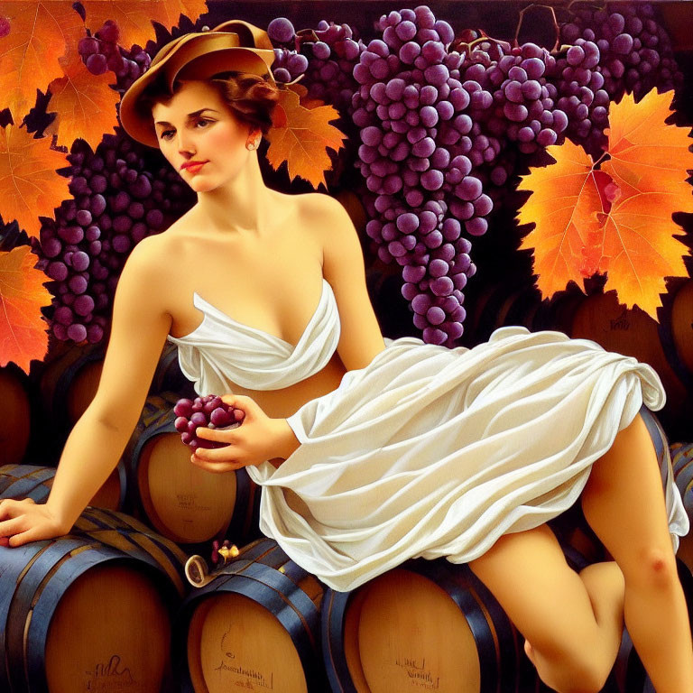 Woman in White Dress Surrounded by Grapes and Autumn Leaves on Barrels
