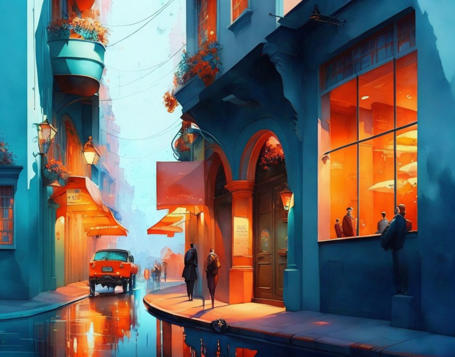 A Blue and Orange Street at Night