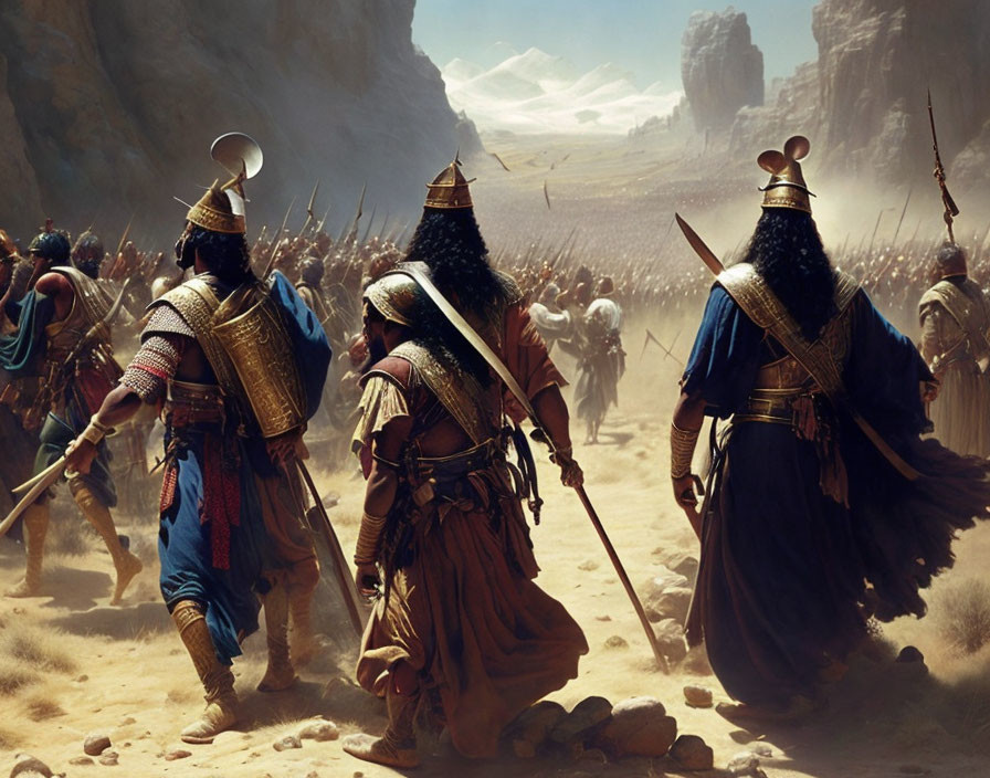 Three armored warriors walking in desert landscape towards distant army.