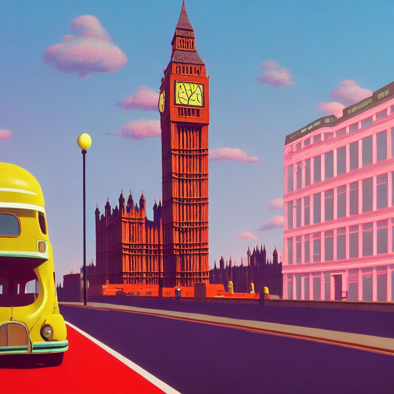 Vibrant London cityscape with Big Ben and red double-decker bus