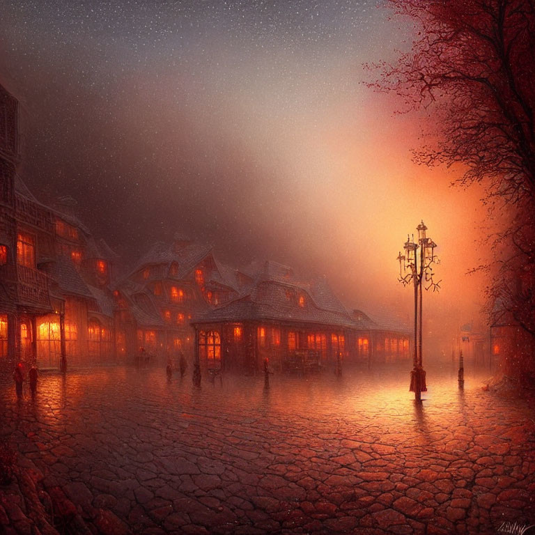 Glowing red lights on cobblestone street at dusk with silhouettes and antique streetlamp