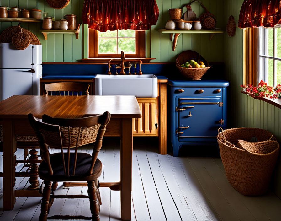 Green-Walled Country Kitchen with Wooden Table, Blue Appliances, and Hanging Baskets