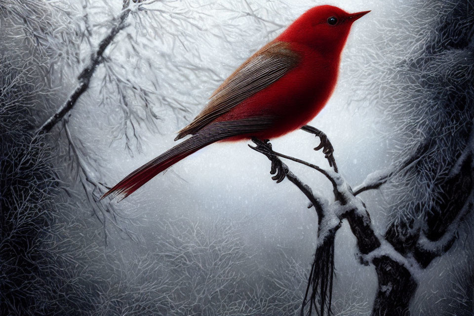 Vivid Red Bird on Frost-Covered Branch in Winter Scene