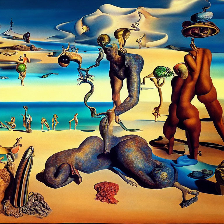 Surreal painting: distorted figures, alien beings, desert landscape, abstract elements