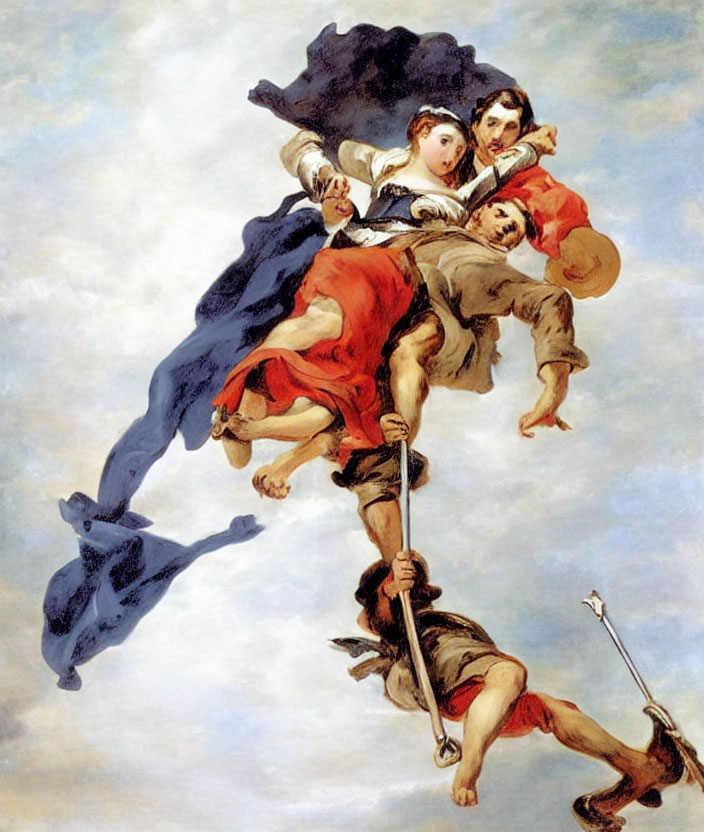 Three Figures Ascending Through Clouds with Spear and Flag in Painting