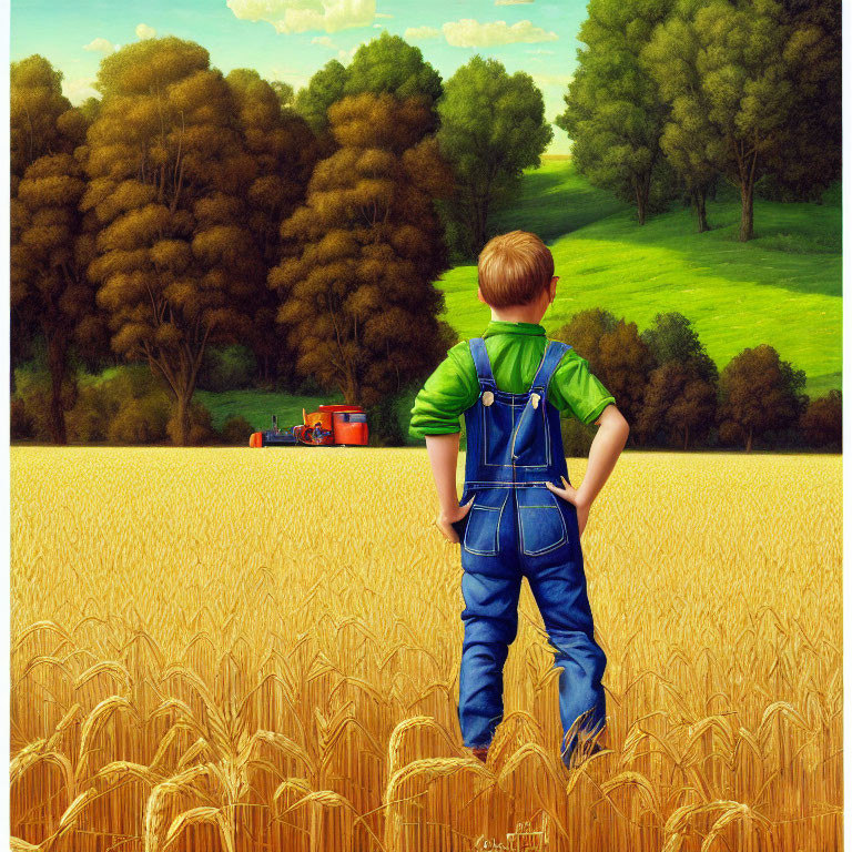 Young boy in overalls gazes at red tractor in golden wheat field