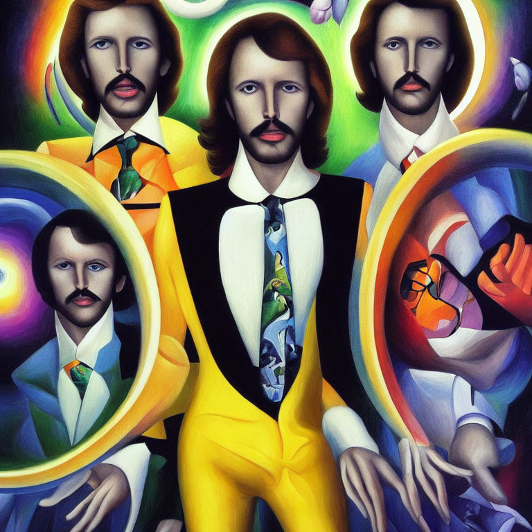 Colorful Surrealistic Painting of Four Identical Men in Suits