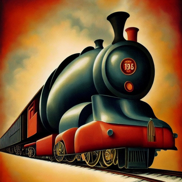 Detailed depiction of red and black steam locomotive number 196 on tracks with billowing smoke