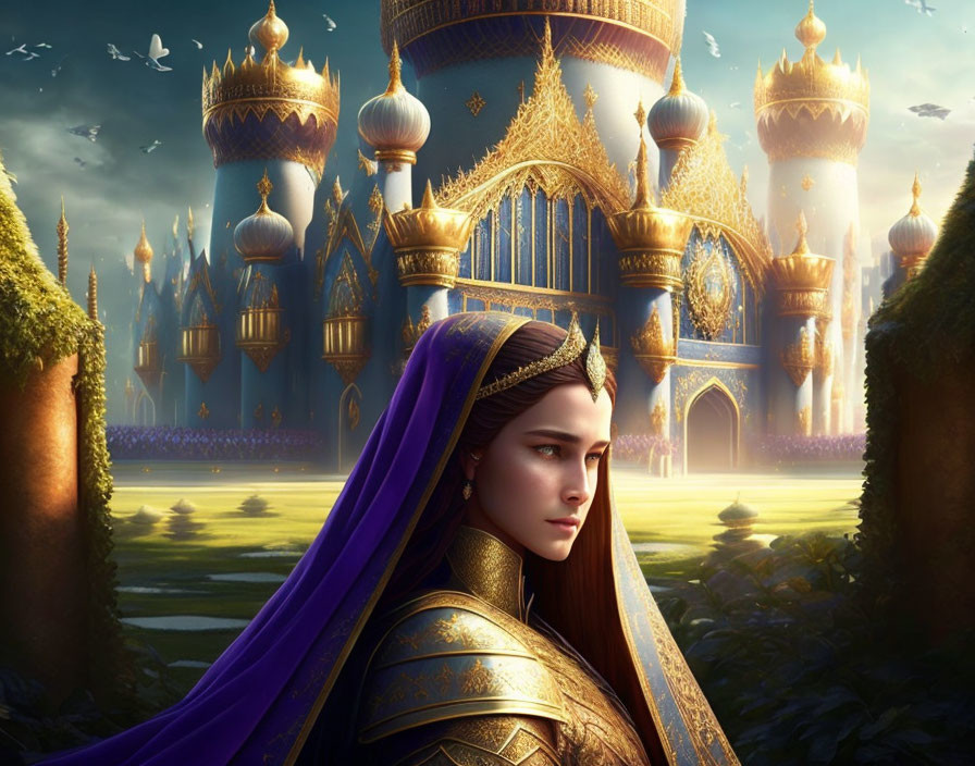 Regal Woman in Blue and Gold Cloak with Crown in Majestic Castle Landscape