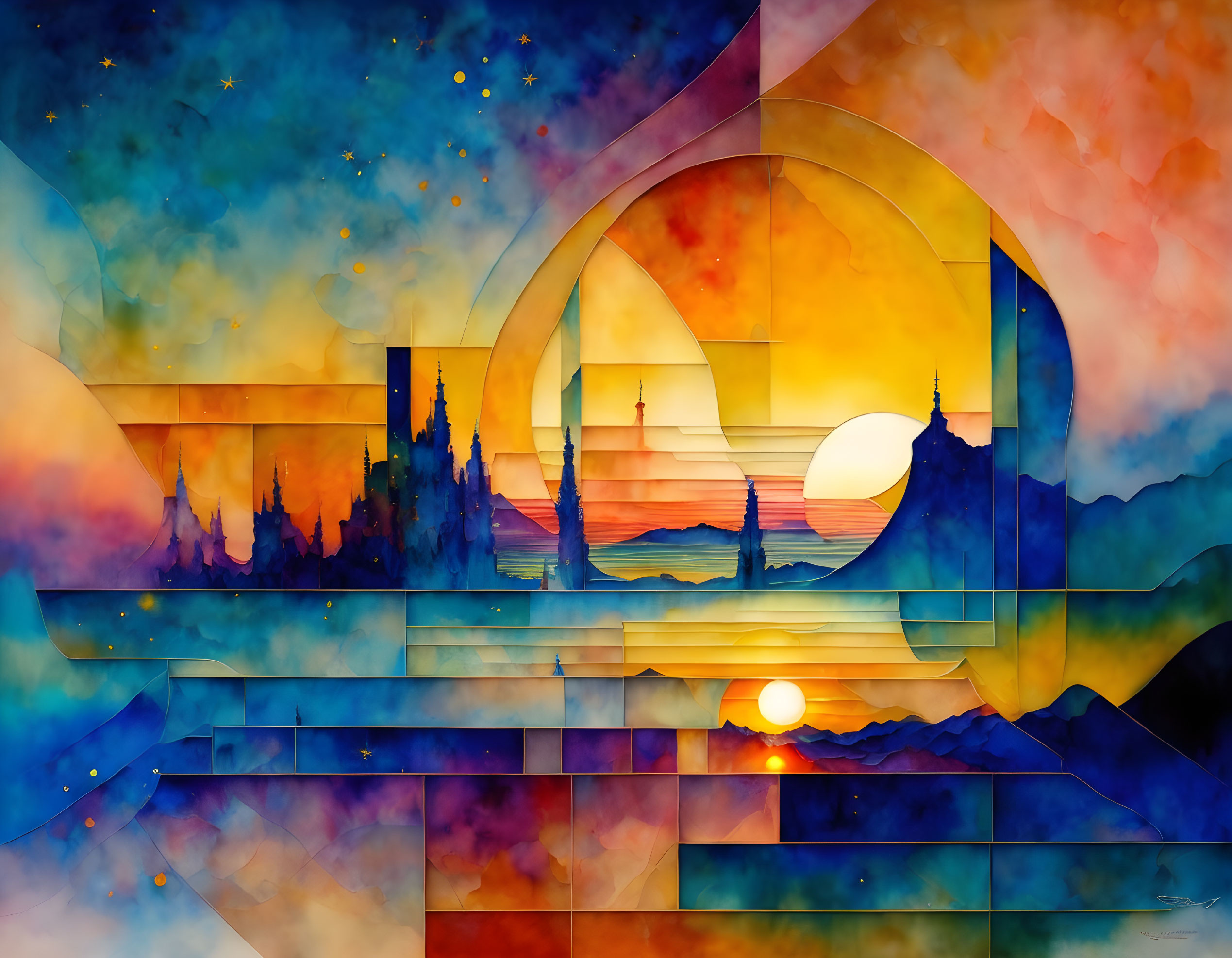 Colorful Watercolor Painting of Sunset with Geometric Shapes, City Skyline, and Starry Sky