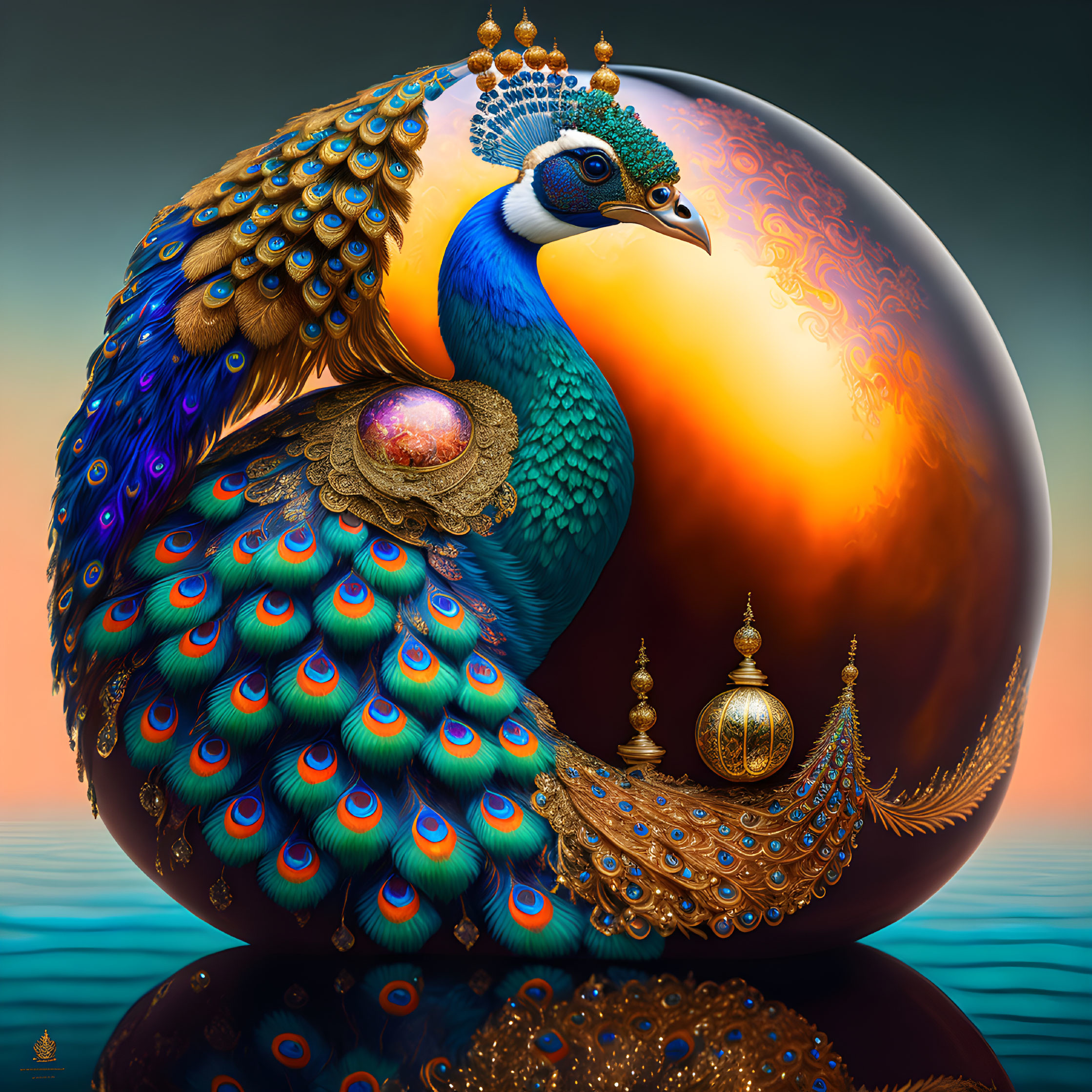 Colorful peacock digital art with ornate feathers and golden jewelry beside orange sphere