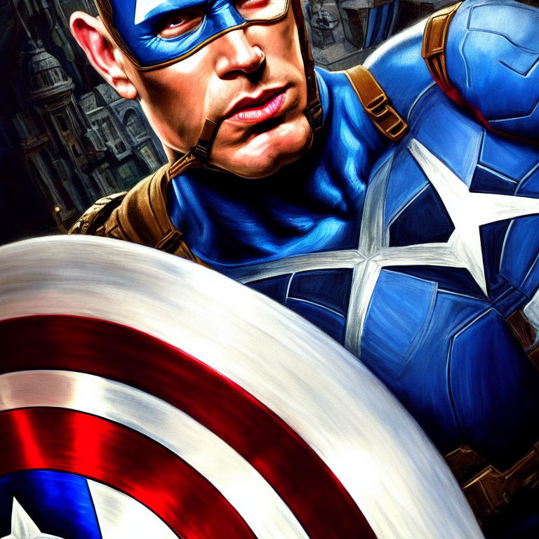 Man in Blue Superhero Suit with 'A' Symbol and Patriotic Shield