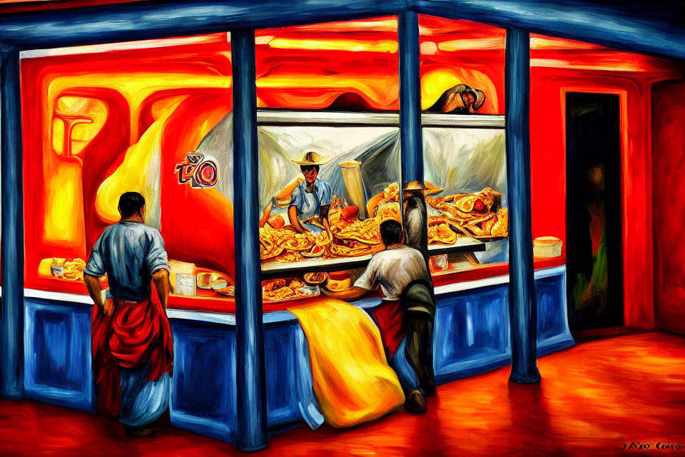 Colorful painting of busy market stall with vendors and customers in warm red and blue tones