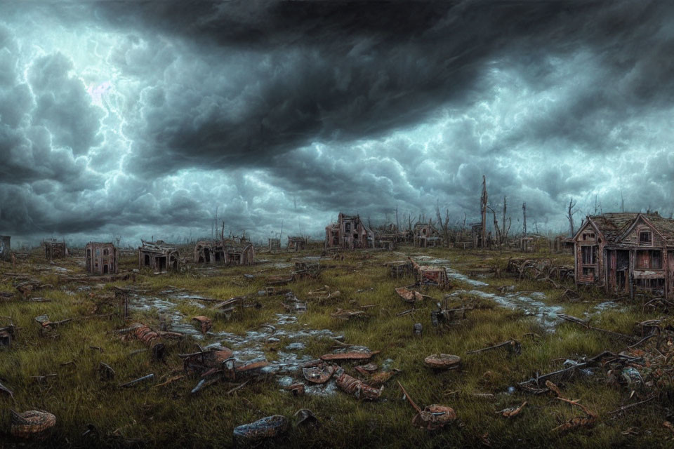 Desolate post-apocalyptic landscape with decaying buildings and stormy sky