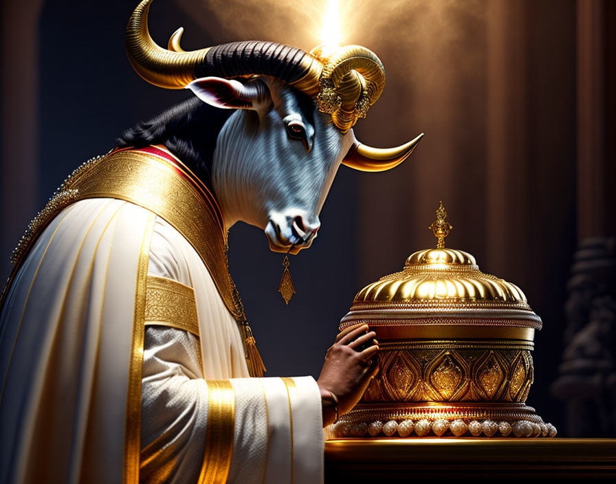 Golden-horned anthropomorphic bull in ornate headdress with golden pot in temple setting