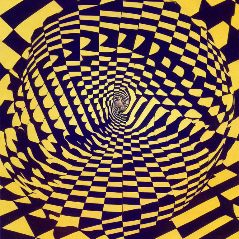 Abstract optical illusion with swirling vortex pattern in black and yellow