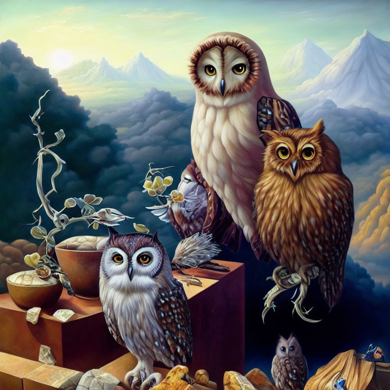 Five owls with different patterns and eye colors in a scenic mountain setting.