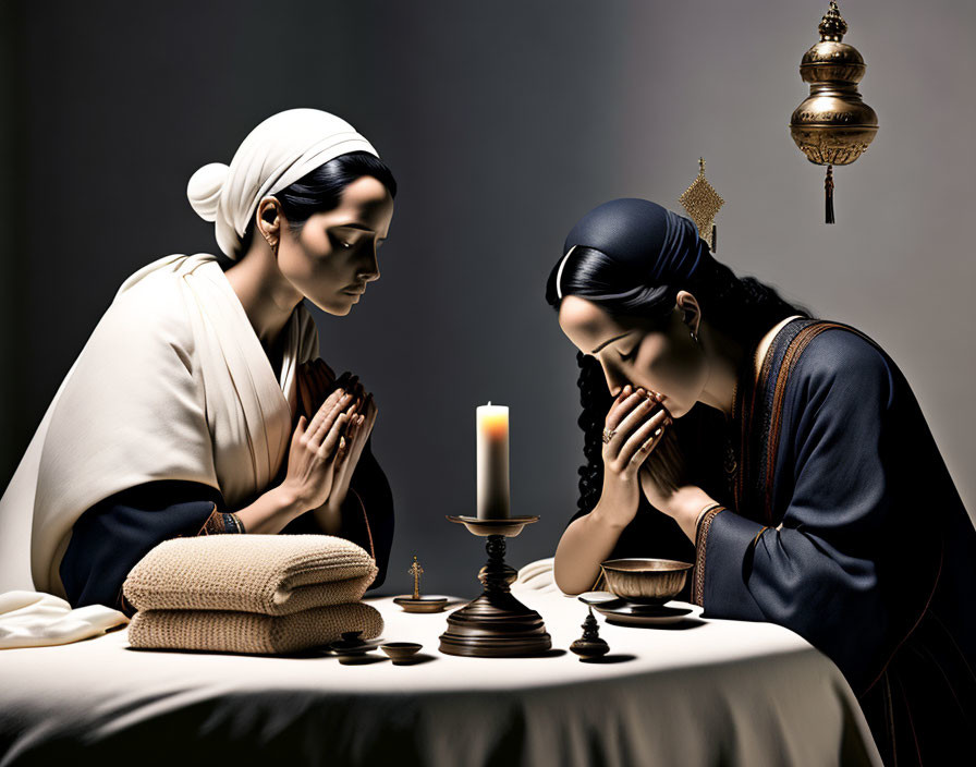 Historical women praying at table with candle, brass bowl, towel, and incense burner