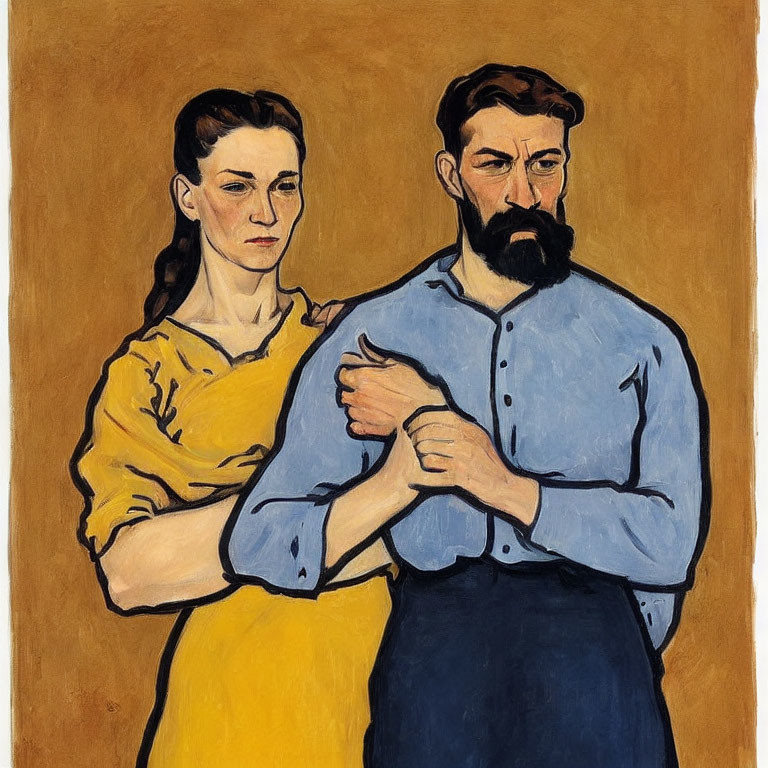 Portrait of stern man and woman in blue and yellow attire