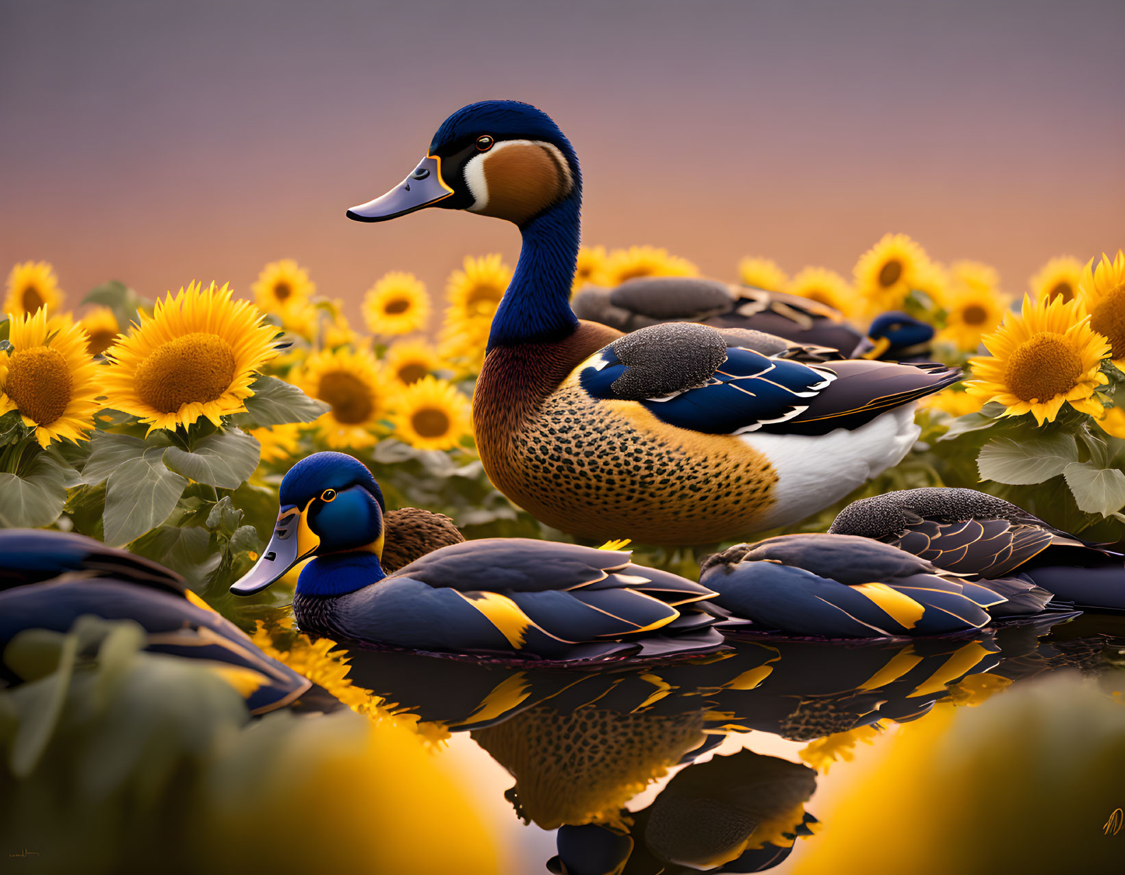 Tranquil pond scene with ducks and sunflowers at sunset