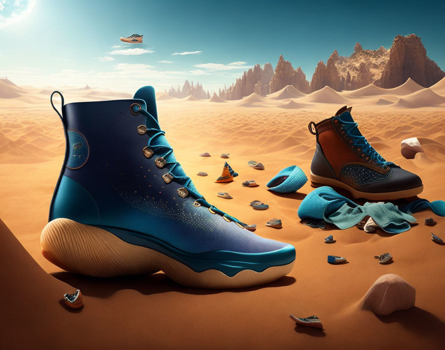 Blue and Brown Sneakers on Desert Background with Spaceship and Socks