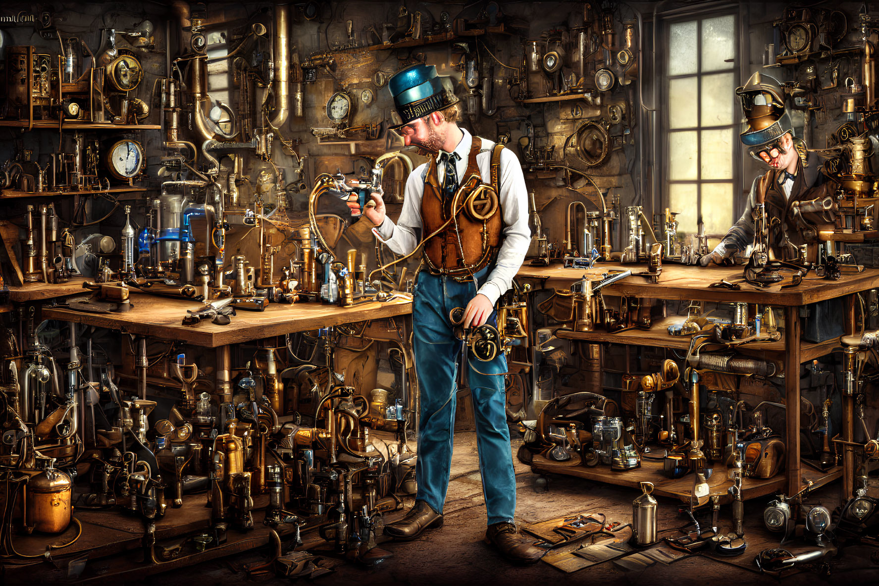 Steampunk-themed workshop with two people examining mechanical devices