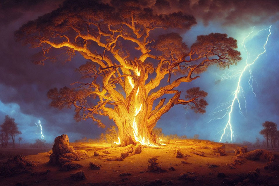 Majestic illuminated tree in mystical landscape with lightning strikes