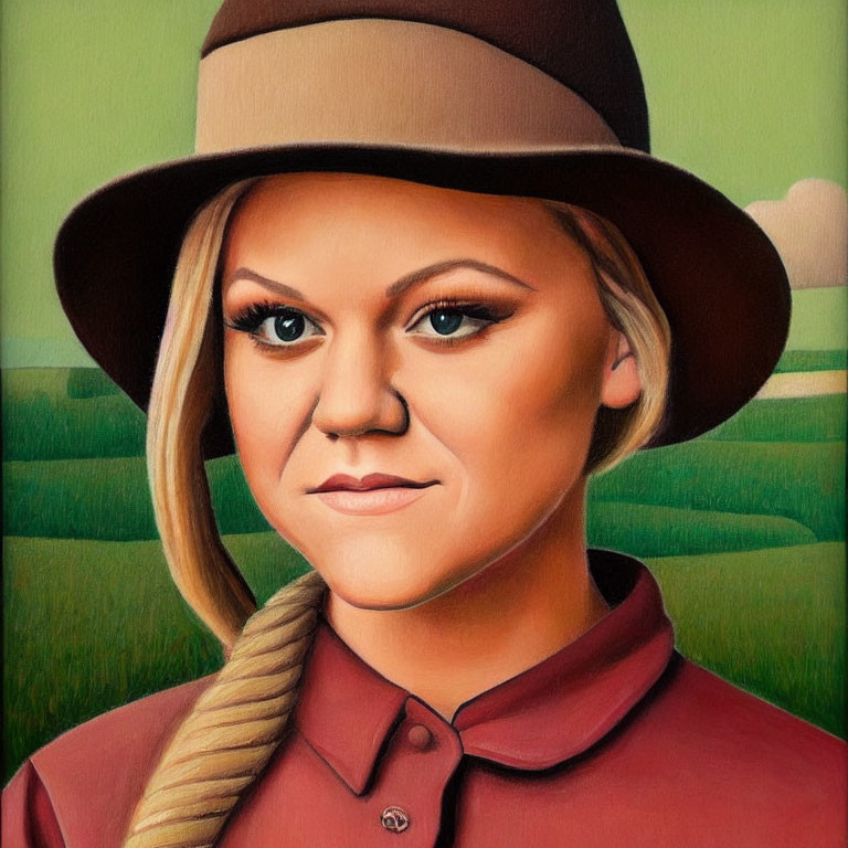 Stylized portrait of woman with braid in brown hat and red shirt