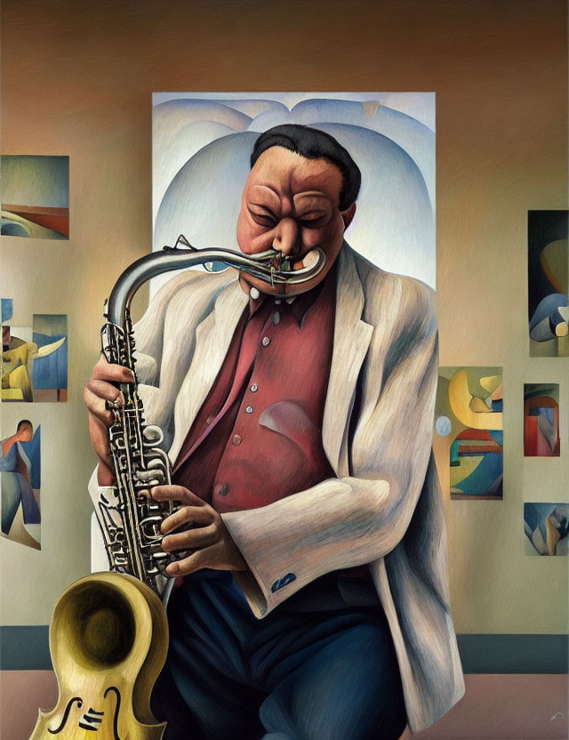 Colorful painting of a saxophonist with exaggerated features and geometric backdrop