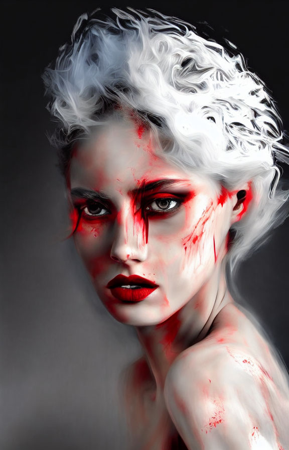 Portrait of a person with pale skin, white curly hair, red makeup, and intense gaze
