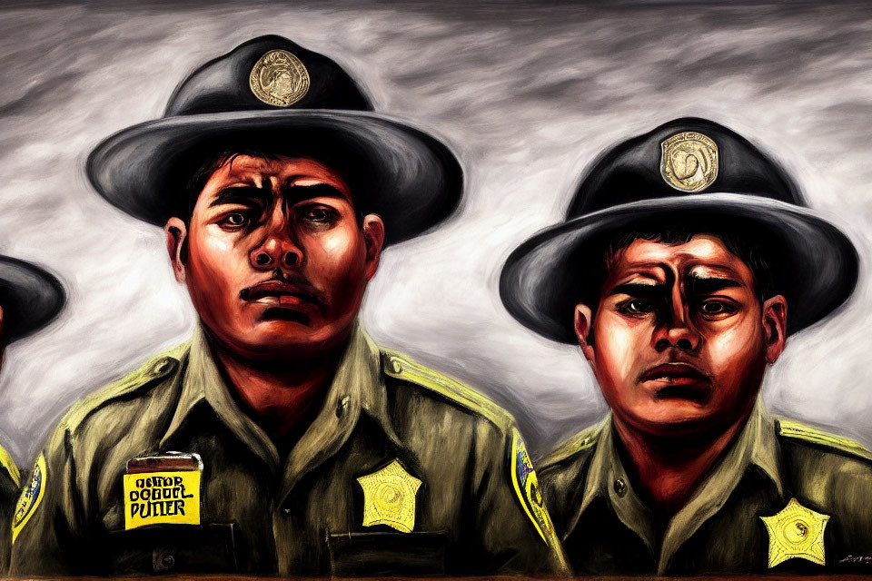 Detailed painting of two uniformed officers with badges and hats, one facing forward and the other to the