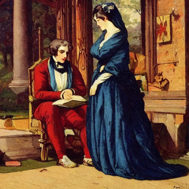 Vintage Illustration: Man in Red Jacket Reading to Woman in Blue Dress