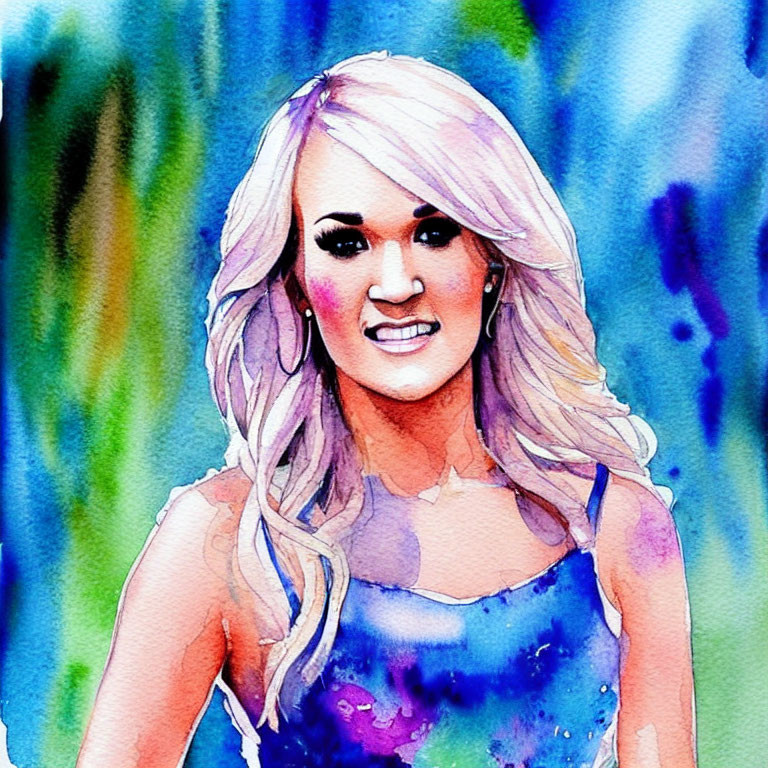 Smiling woman with long blonde hair in watercolor portrait
