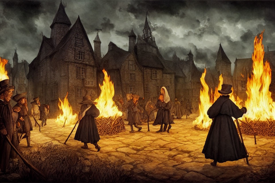 Medieval townfolk gather around bonfires in an illustrated scene.