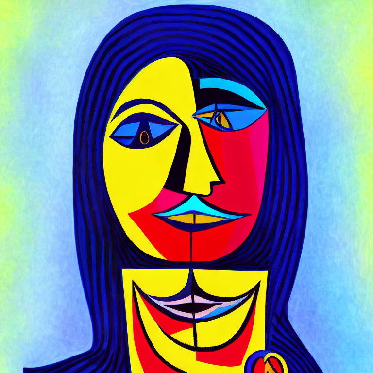 Abstract portrait with bold lines and contrasting hues of a stylized female face