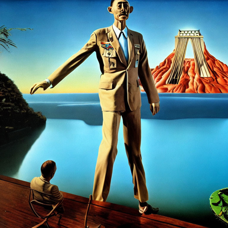 Surreal painting featuring giant man, small seated figure, volcano, ruin, and serene blue-orange