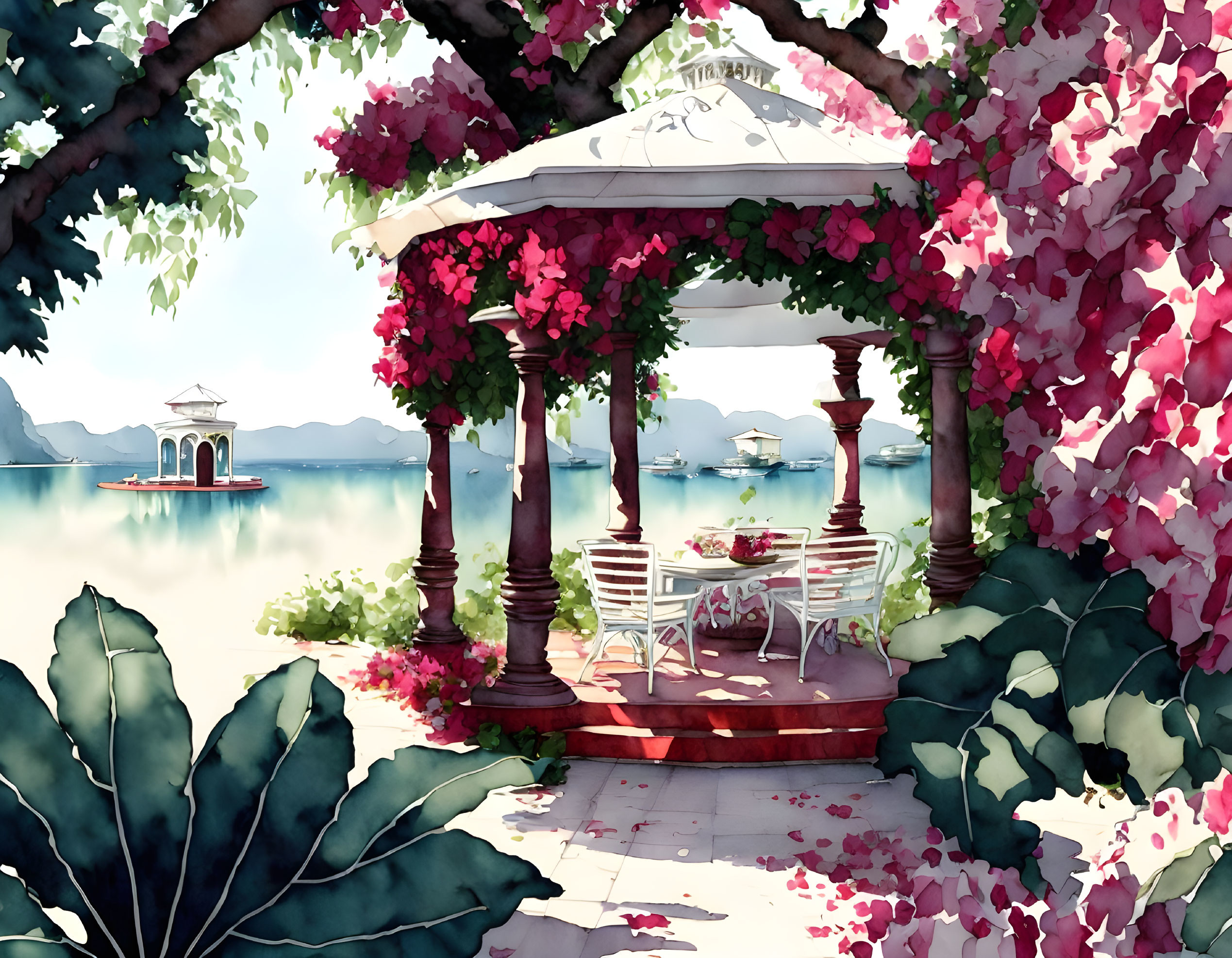 Tranquil lakeside gazebo with floral decor and lush surroundings