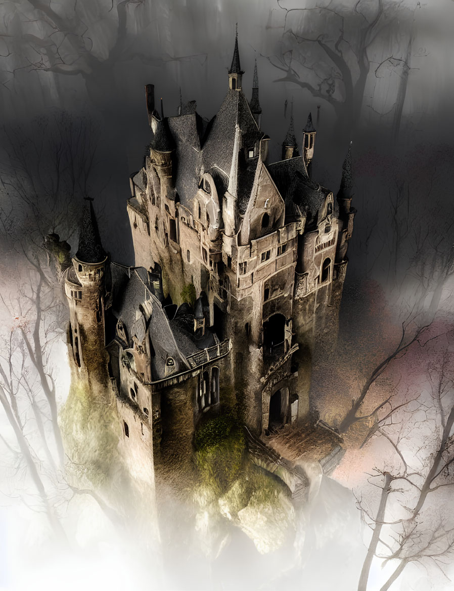Gothic castle in misty atmosphere with bare trees and highlighted spires